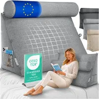 ELONEO Wigkussen - Nek- en Rugsteunkussen voor Rechtop Zitten in Bed, Lezen of op de Bank, met Zijvak en Afneembare Nekrol, Wasbare Hoes