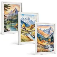 Tulup 3-Delige Schilderij Set - Berglandschap met een rivier en huisjes in herfstkleuren. - 40x60 - Stijlvolle Wanddecoratie - Interieur - Moderne Wanddecoratie
