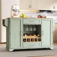 OKWISH Keukenwagen – Uitklapbaar Werkblad – 138 x 45/70 x 92 cm – 2 Deuren 2 Lades – Wijnrek en Opbergruimte – MDF Antiek Groen