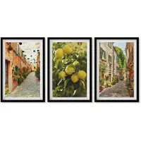 Wallfluent 3-Delige Schilderij Set - Sfeervolle Straatjes Met Bloemen En Citroenen Op De Achtergrond. - 40 x 60 cm - Wanddecoratie - Muurdecoratie - Woonkamer - Moderne Wanddecoratie