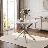 OKWISH Eettafel – Ronde Tafel Met Marmerlook Tafelblad – 80×80×75 cm – Ruimtebesparend Voor Eetkamer Of Keuken – MDF Wit Zilver
