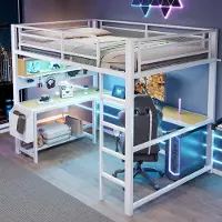 HAUSS SPOLE Hoogslaper 140x200cm - Zonder Matras Met Bureau En Ledverlichting - Met Opbergruimte En Usb - Metaal En MDF - Wit