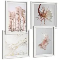 Tulup 4-Delige Schilderij Set - Elegante bloemen en grassen in wit marmer - 40x40 en 40x60 - Muurdecoratie - Decoratieve Schilderijen - Wohnzimmer - Moderne Wanddecoratie