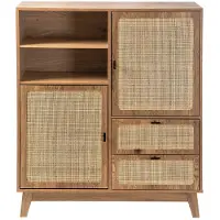CALICOSY - Hoge kast 2 deuren 3 lades met rieten fronten H120 cm - ALIA