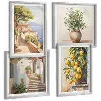 Tulup 4-Delige Schilderij Set - Bloemen in een vaas met uitzicht op zee en citroenen - 40 x 40 cm en 40 x 60 cm - Schilderijen Set - Wanddecoratie - Woonkamer - Woonkamer Decoratie