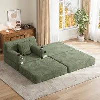 MODFU slaapbank met corduroy bekleding, loungebank die ook als relaxbank kan worden gebruikt met een gastenbedfunctie, hoge rugleuning, 4 opbergvakken en 2 bekerhouders, groen