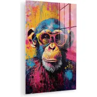 MuchoWow Glasschilderij 40x60 cm - Schilderij acrylglas - Graffiti - Chimpansee - Aap - Bril - Kleurrijk - Foto op glas - Muurdecoratie woonkamer - Wanddecoratie slaapkamer - Schilderijen