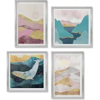 Wallfluent 4-Delige Schilderij Set - Abstracte landschappen met bergen en zon - 40 x 40 cm en 40 x 60 cm - Muurdecoratie - Wanddecoratie - Slaapkamer - Decoratieve Schilderijen