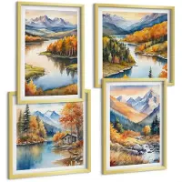 Tulup 4-Delige Schilderij Set - Uitzicht op de bergen met een rivier en herfstbomen. - 40 x 40 cm en 40 x 60 cm - Muurdecoratie - Wanddecoratie - Slaapkamer - Stijlvolle Muurdecoratie
