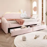 Flieks slaapbank 90x200 cm met 2 lades, kinderbed met konijnenkussen, dagbed/slaapbank met LED-verlichting en armleuningen, fluweel, roze