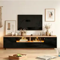 OKWISH hoogglans TV-meubel met twee lades en een open vak, TV-kast met LED-verlichting, geschikt voor televisies tot 75 inch, zwart