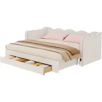 OKWISH kinderbed 90x200 met uitschuifbaar gedeelte en lades, bedbank met USB-aansluiting, bouclé bekleding, bekleed bed in beige, zonder matras