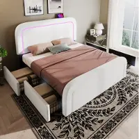STILVORA Gestoffeerd Bed 160x200 cm – USB-C Oplaadfunctie & LED – Verstelbaar Hoofdbord – 4 Lades – Tweepersoons Sherpa – Wit – Zonder Matras