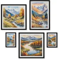 Wallfluent 5-Delige Schilderij Set - Berglandschappen In De Herfstkleuren Van De Natuur - 50 x 50 cm, 20 x 30 cm En 40 x 60 cm - Wanddecoratie - Schilderijen Set - Interieur