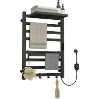 Puluomis elektrische handdoekradiator met LED-touchdisplay, instelbaar van 45-70°C, timer, 90° draaibaar opbergvak, RCCB-beveiliging, zwart