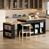 MODFU - Keukeninsel - Uitschuifbare Eettafel - Zwart - Houtnerf - MDF - 150 X 90 X 90 Cm