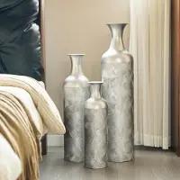 STILVORA Vaas – 3-Delige Set 50 66 83 cm – Met Golvend Reliëf – Metaal – Zilver – Voor Droogbloemen En Siergrassen in Woonkamer Of Hal