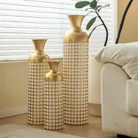OKWISH Vaas – 3-Delige Bodenvazenset – 83 66 50 Cm – Metaal – Antiek Brons En Wit – Voor Droogbloemen Woonkamer Hal En Beschut Buiten