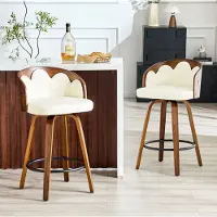 OKWISH Barkruk - Set Van 2 Met Bloemvormige Rugleuning - Gewatteerde Zitting En Voetsteun - Voor Keukeneiland Of Bar - Hout En Kunstleer - Wit Bruin