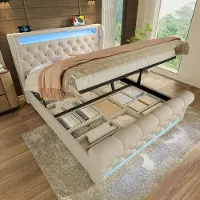 Sweiko Tweepersoonsbed - 140x200 cm - LED-verlichting - USB/Type-C - Opbergruimte - Velvet - Beige
