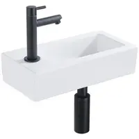 Qeramiq Fuente Fonteinset - 37.5x18.5x9cm - keramiek - kraangat links - fonteinkraan zwart mat - afvoerplug - verlaagd sifon - Glans wit SW1122449/SW696205/SW696215/SW696235