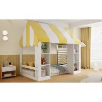 OKWISH Huisbed 90x200 met decoratieve hemelbedkap, kinderbed met open vakken, tienerbed, veel opbergruimte, wit, zonder matras
