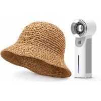 VHV - Zonnehoed en Ventilator Set - dames bruine opvouwbare strohoed - Aparte handventilator met mistfunctie - Voor strand, reizen, outdoor