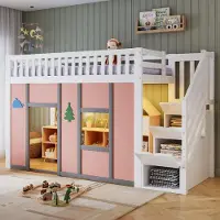 STILVORA Halfhoogslaper 90x200 cm – Kinderbed Met LED Verlichting En Stauraamtreppe – Speelruimte En Opbergruimte In Een – Voor Kinderkamer – Hout En MDF – Wit En Roze Zonder Matras