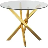 OKWISH Eettafel - Ronde Glazen Tafel - 80 x 80 x 75 cm - Gouden Metalen Kruispoten - Modern Minimalistisch - Voor Woonkamer En Keuken