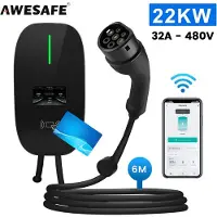 AWESAFE 22KW Auto Laadpaal - Type 2 - 3-Fase - Waterdicht - 32A - 6A/8A/10A/13A/16A/20A/24A/32A Schakelbaar - 6M Laadkabel - Met App/WiFi Bediening - Zwart