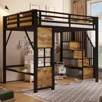STILVORA Hoogslaper 140 x 200 cm Zonder Matras Met Trap en Opbergruimte Aan De Zijkant Voor Kinderen Metaal MDF Zwart