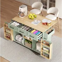 OKWISH Keukenkast – Keukentrolley Met Opklapbaar Werkblad – 139×46(71)×91,5 cm – 3 Lades en Opbergruimte – Groen Houtlook