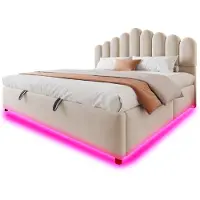 OKWISH Bed 180x200 cm - Tweepersoonsbed Met Hydraulische Opbergruimte en Ledverlichting - Met Lattenbodem - Zonder Matras - Stoffering - Beige