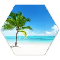 MuchoWow Hexagon wanddecoratie - Kunststof Wanddecoratie - Hexagon Schilderij - Palmboom - Strand - Zee - Zomer - 120x103 cm