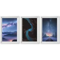 Wallfluent 3-Delige Schilderij Set - Nachtelijke Hemel, Bergen, Kloof En Winterlandschap - 40 x 60 - Wanddecoratie - Woonkamer Decoratie - Decoratieve Schilderijen