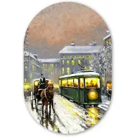 MuchoWow Muurovaal 40x60 cm - Ovale wanddecoratie Schilderij - Olieverf - Winter - Tram - Paard - Ovalen schilderij - Muurdecoratie woonkamer - Kamer decoratie - Schilderijen - Wandcirkel