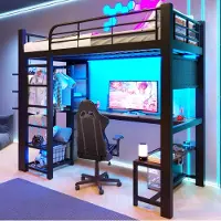 OKWISH Hoogslaper 90x200 cm - Met Bureau En LED Verlichting - Met Opbergrekken En Kledingstang - Eenpersoons Kinderbed Van Metaal - Zwart - Zonder Matras