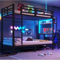 OKWISH Stapelbed 90 x 200 cm - Met Bureau en Opbergrekken - Led-Lichtstrip en Usb-Aansluiting - Met Veiligheidshekken en Ladder - Zonder Matras - Zwart