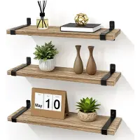 Famanu – Wandrek van hout set van 3, zwevend rek met afneembare plank, zwart metaal en massief hout, industrieel vintage design, 40 cm