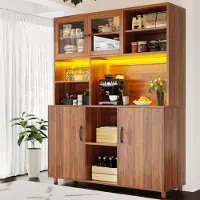 Merax Hoge kast met LED-verlichting - te bedienen via app - keukenkast met schuifdeur en verstelbare plank - walnootkleur