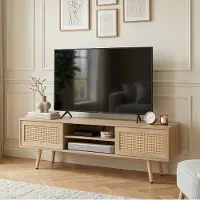 STILVORA TV Meubel - Rotan Schuifdeuren Met Verstelbare Planken - Voor Woonkamer En Kantoor - MDF En Massief Hout - Naturel Hout - 140x40 Cm