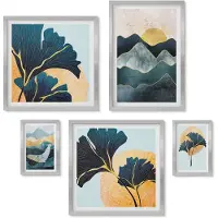 Wallfluent 4-Delige Schilderij Set - Stijlvolle berglandschappen met decoratieve plantenaccenten - 50 x 50 cm, 20 x 30 cm en 40 x 60 cm - Moderne Wanddecoratie - Woonkamer - Woonkamer Decoratie