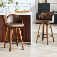 STILVORA Barkruk 89 Cm - Set Van 2 Met Bloemvormige Rugleuning En Armleuningen - Voor Keukeneiland En Bar - Hout En Kunstleer - Bruin