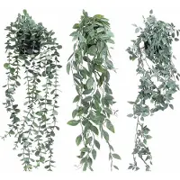 Happiq Set van 3 Kunst Hangplanten - Faux Eucalyptus design met Pot - voor woonkamer en tuin - Groen Kunststof - 40 x 25 cm