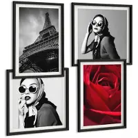 Tulup 4-Delige Schilderij Set - Parijse vrouw met bril, roos en Eiffeltoren - 40 x 40 cm en 40 x 60 cm - Stijlvolle Muurdecoratie - Slaapkamer