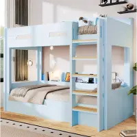 OKWISH Stapelbed 90x200 cm - Met USB Aansluiting en Opbergvakken Boven en Onder - Ruimtebesparend - Zonder matras - Hout en MDF - Blauw