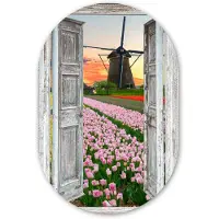 MuchoWow Muurovaal 60x90 cm - Ovale wanddecoratie Doorkijk - Tulpen - Molen - Avond - Ovalen schilderij - Muurdecoratie woonkamer - Kamer decoratie - Schilderijen - Wandcirkel