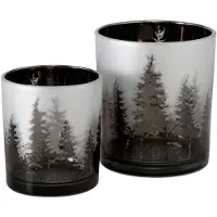 Boltze - Waxinelichthouders - Set van 2 - Glas - Groen/Zilver - 8 en 10 cm - Dennenbos - Herfst - Winter - Kerst