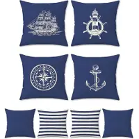 Famanu – Set van 4 nautische kussenhoezen, decoratieve linnen kussenhoezen voor sofa en bed, 45 x 45 cm