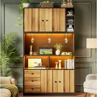 HAUSS SPOLE Keukenkast - Hoge Kast Met Led, Stopcontact En Wijnrek - Voor Keuken En Eetkamer - MDF - 100x40x180 Cm - Zwart Naturel